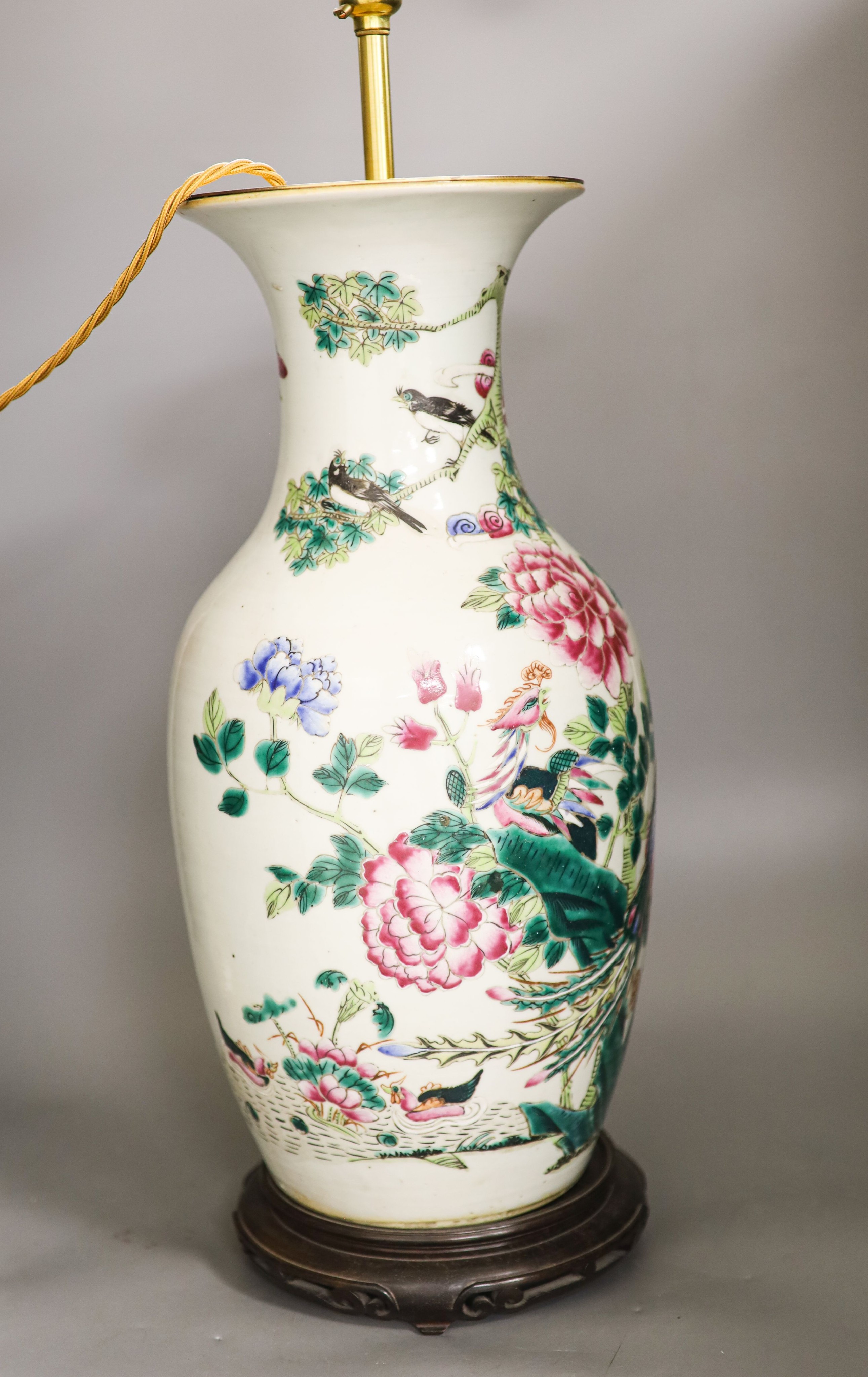 A large Chinese famille rose ‘phoenix’ vase, 19th century, 43.5cm excluding later glued lamp mount